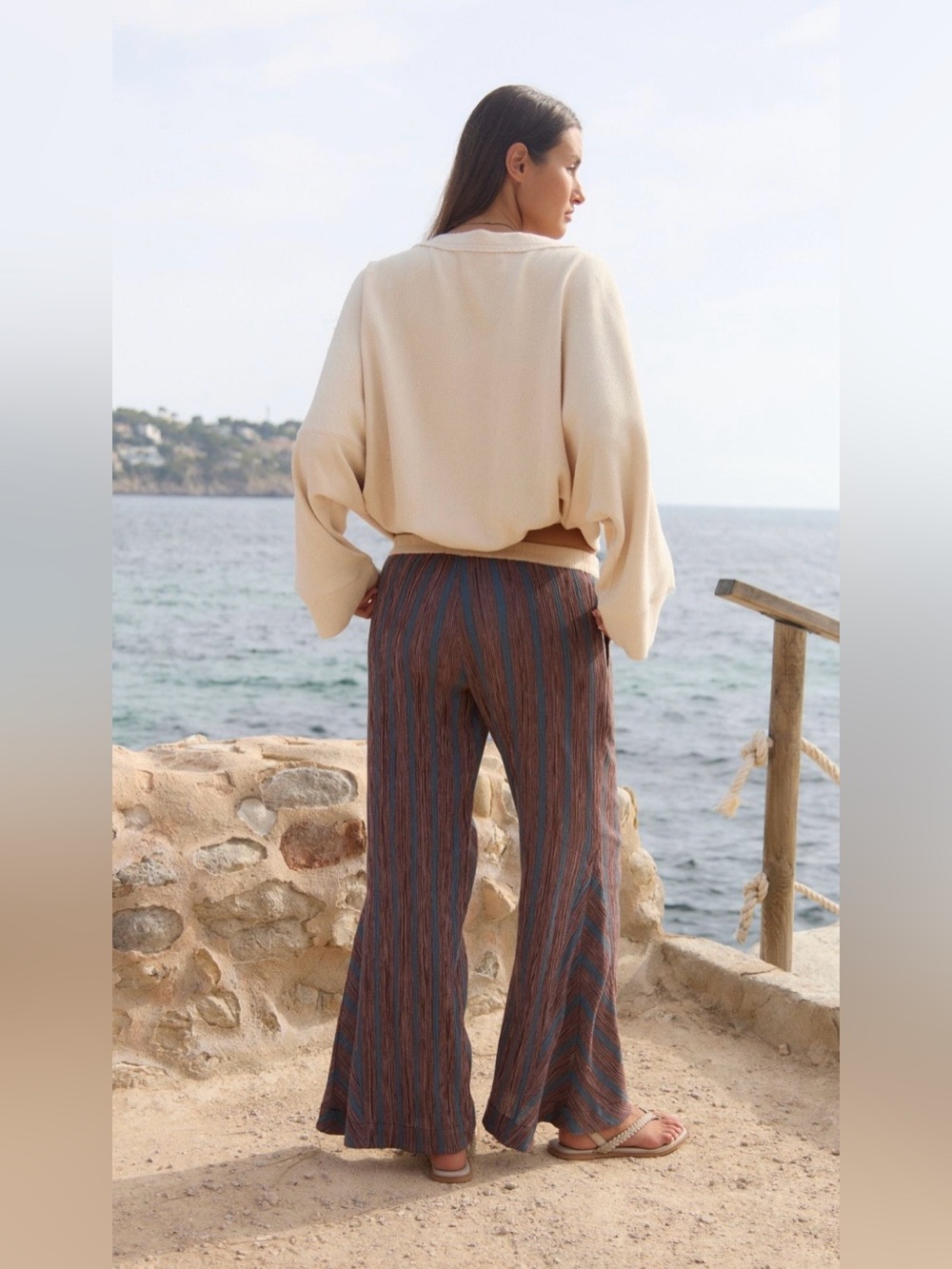 Free People S Free~est Bel Striped Flare Pants in Mocha Combo Cotton NWT NEW - Picture 2 of 8